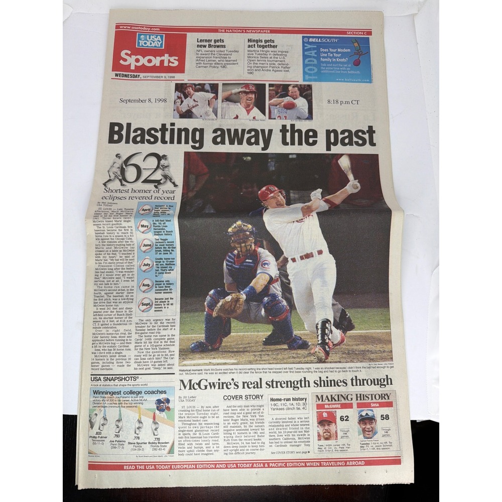 USA Today 9/9/1998 Mark McGwire 62nd Home Run Record Sports Section Newspaper